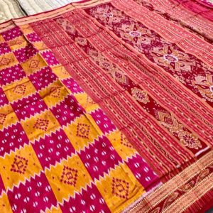 Nuapatni Ikat super fine Silk blended Yellow & Pink with Red border Pata Saree