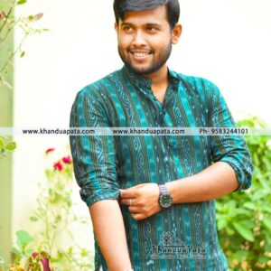 Pure Cotton Ikat Handloom Full Sleeves Green Short Kurta for Men
