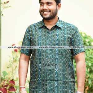 Pure Cotton Ikat Handloom Half Sleeves Green Shirt for Men