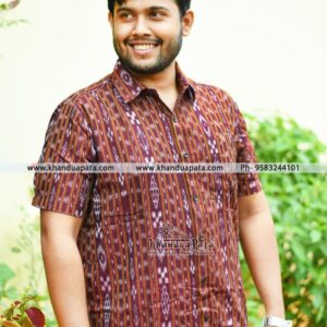 Pure Cotton Ikat Handloom Half Sleeves Red Shirt for Men