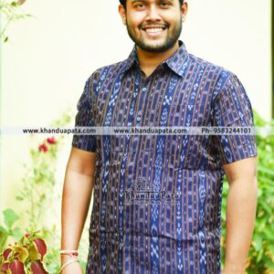Pure Cotton Ikat Handloom Half Sleeves Blue Shirt for Men
