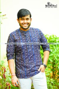 Pure Cotton Ikat Handloom Full Sleeves Blue Short Kurta for Men