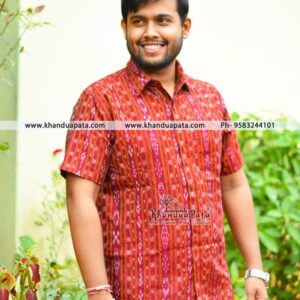 Pure Cotton Ikat Handloom Half Sleeves Red Shirt for Men