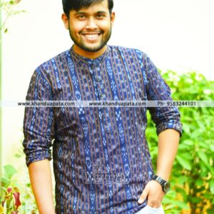 Pure Cotton Ikat Handloom Full Sleeves Blue Short Kurta for Men