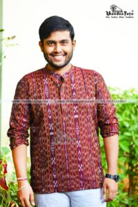 Pure Cotton Ikat Handloom Full Sleeves Deep Red Short Kurta for Men