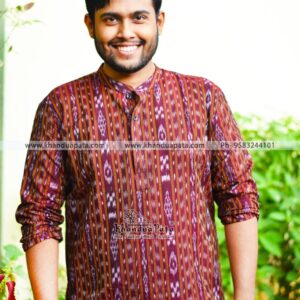 Pure Cotton Ikat Handloom Full Sleeves Deep Red Short Kurta for Men
