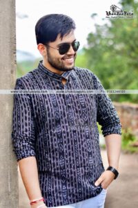 Pure Cotton Ikat Handloom Full Sleeves Black Short Kurta for Men
