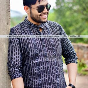 Pure Cotton Ikat Handloom Full Sleeves Black Short Kurta for Men