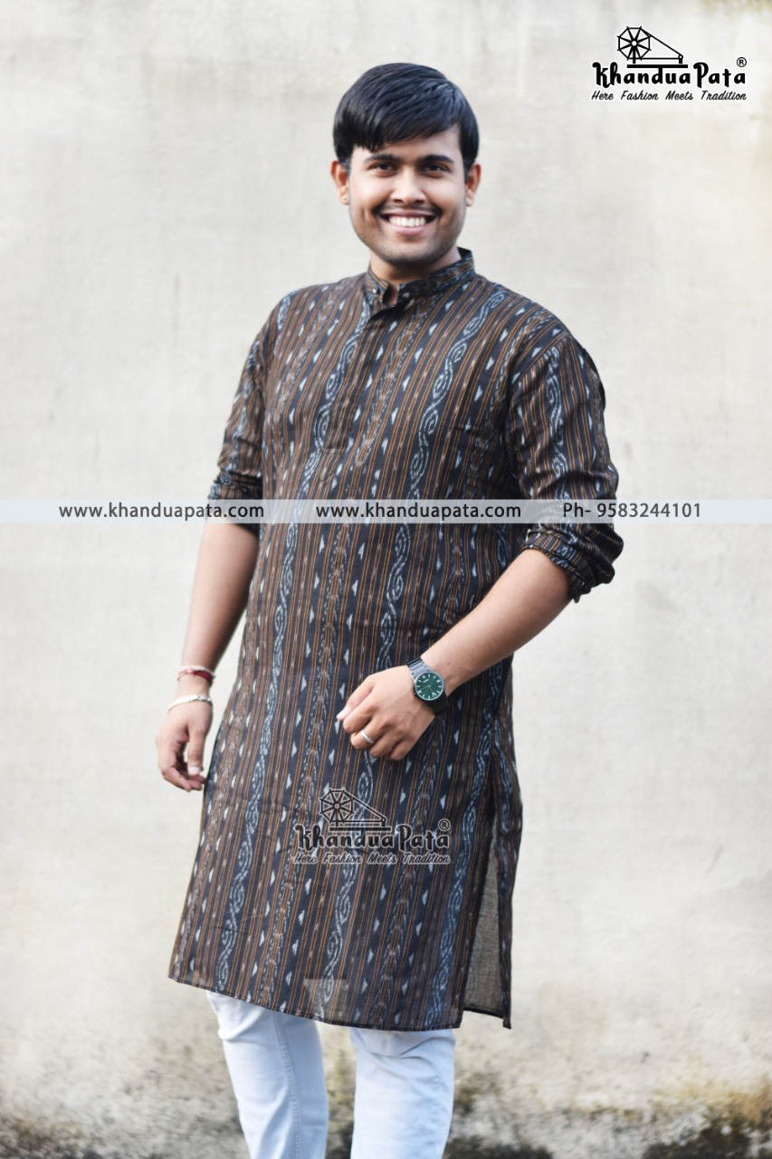 Handwoven purple raw silk ikat men's kurta with embellishments main image 0