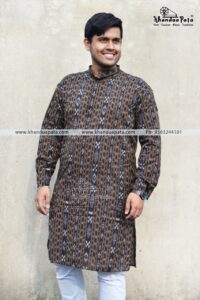 Pure Cotton Ikat Handloom Full Sleeves Black Kurta for Men