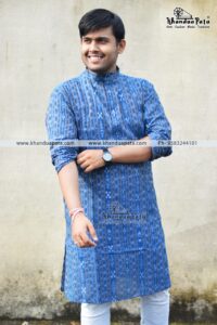 Pure Cotton Ikat Handloom Full Sleeves Blue Kurta for Men