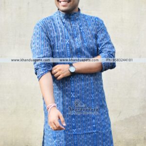 Pure Cotton Ikat Handloom Full Sleeves Blue Kurta for Men