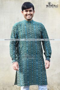 Pure Cotton Ikat Handloom Full Sleeves Green Kurta for Men