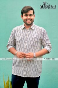 Pure Cotton Ikat Handloom Full Sleeves White Shirt for Men